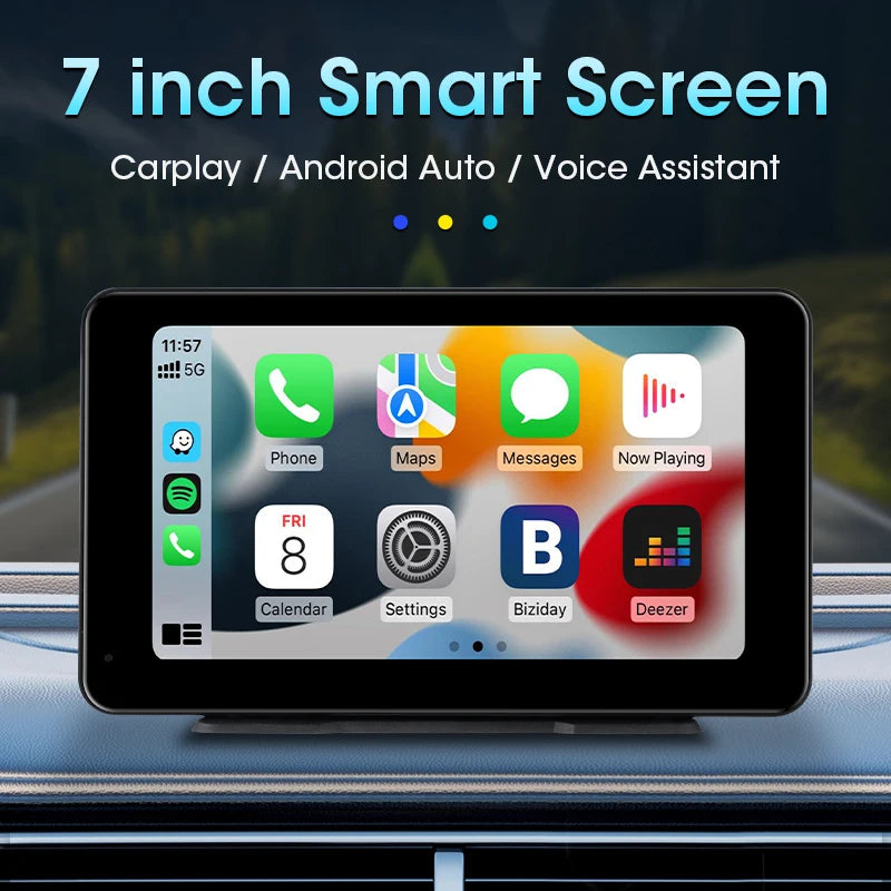 Écran 7 pouces CarPlay et Android Auto posé sur le tableau de bord