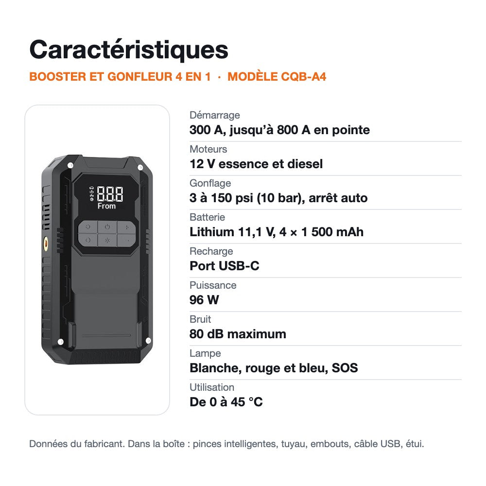 Caractéristiques du booster gonfleur 4 en 1, modèle CQB-A4