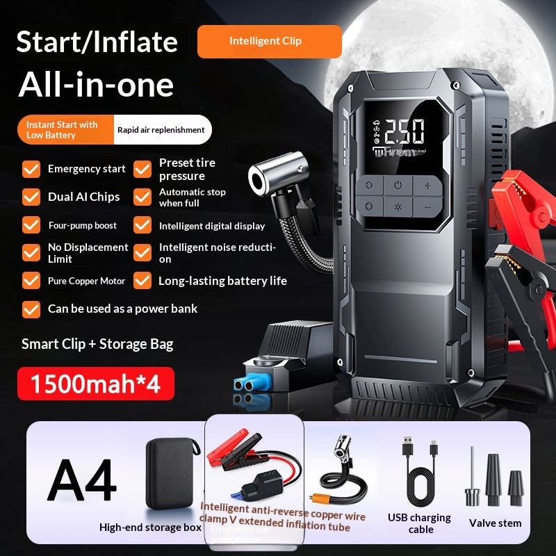 Booster batterie et gonfleur 4 en 1 avec pinces intelligentes, étui, tuyau et embouts