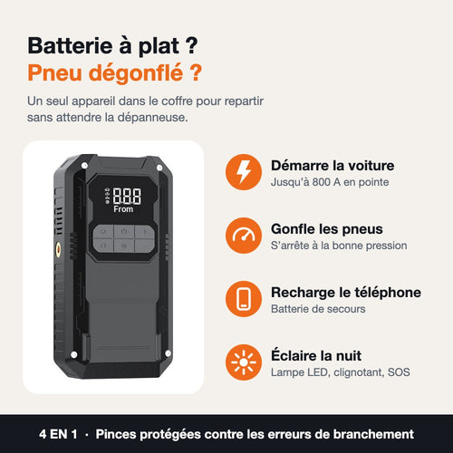 Booster batterie et gonfleur de pneus 4 en 1 : démarre la voiture, gonfle les pneus, recharge le téléphone, éclaire